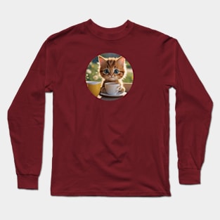 Cute Kitten With Coffee Cup Long Sleeve T-Shirt